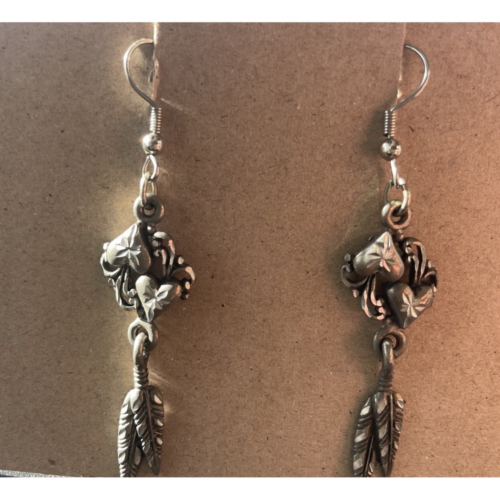 Oxidized Silver Plated Heart Shaped Pierced Hook Feather Dangle Earrings Goth